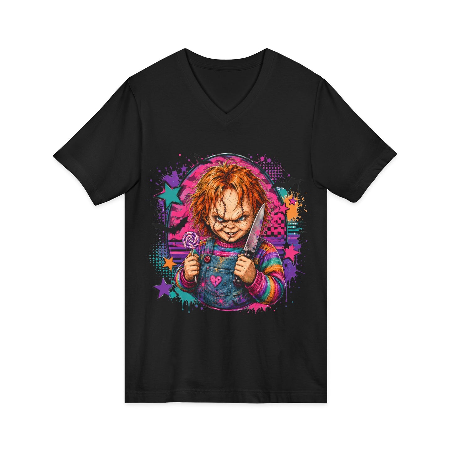 Horror Doll V-Neck Tee — Colorful Creepy Chucky Graphic Shirt