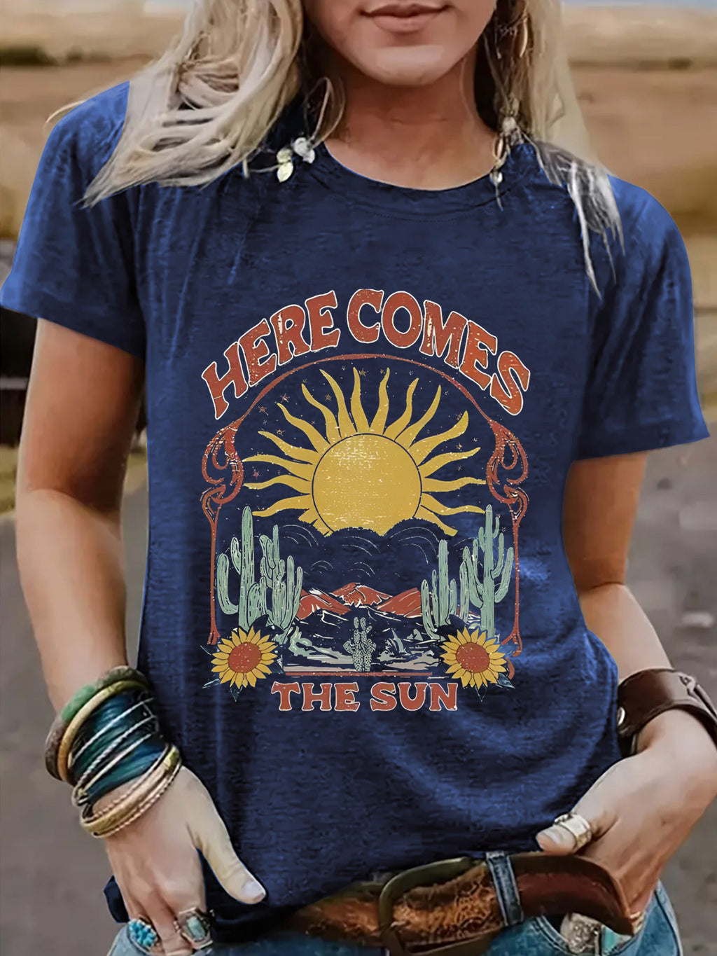 Western landscape round neck short sleeved shirt