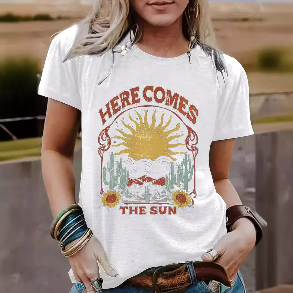 Western landscape round neck short sleeved shirt
