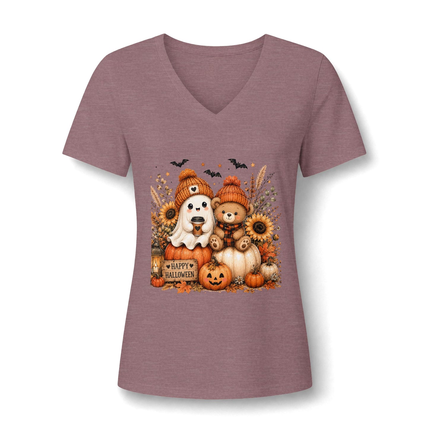 Halloween Puppy & Teddy Pumpkin V-Neck Tee