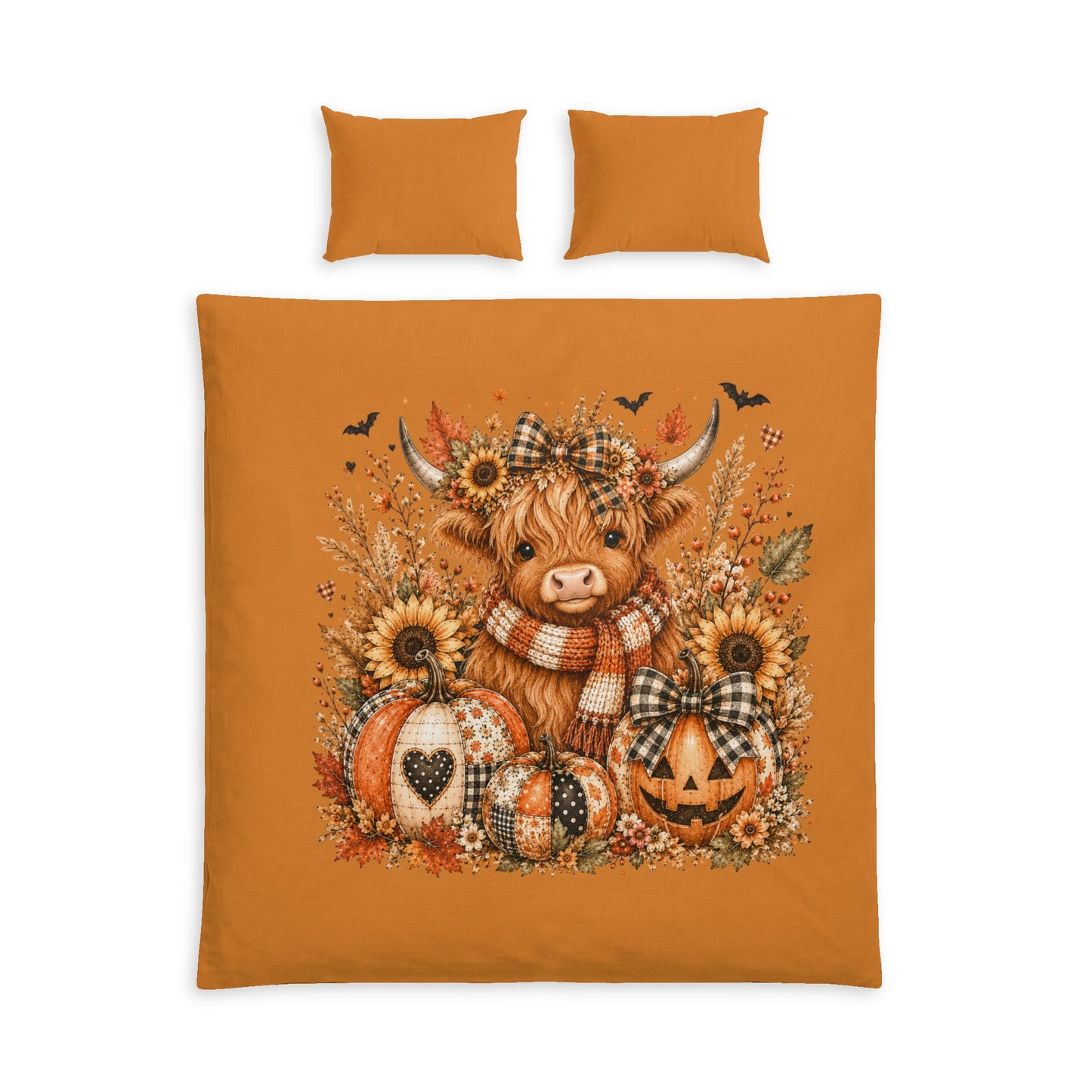 Autumn Highland Cow Cotton Bed Set — Pumpkin, Sunflower & Plaid Fall Duvet