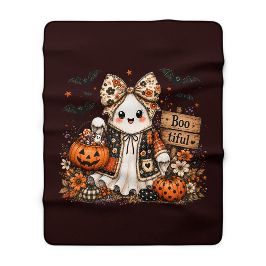 Halloween Ghost Sherpa Blanket — "Boo-tiful" Pumpkin Cozy Throw