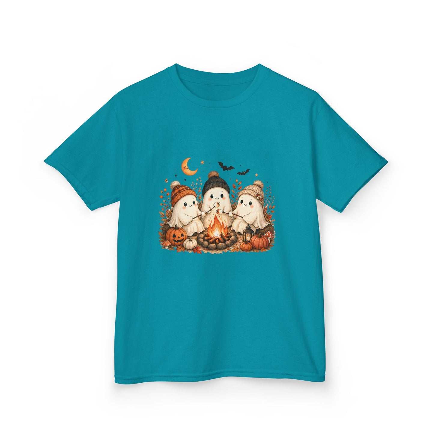 Kids Tee — Cute Halloween Ghosts Campfire Design (Pumpkins, Moon & Bats)