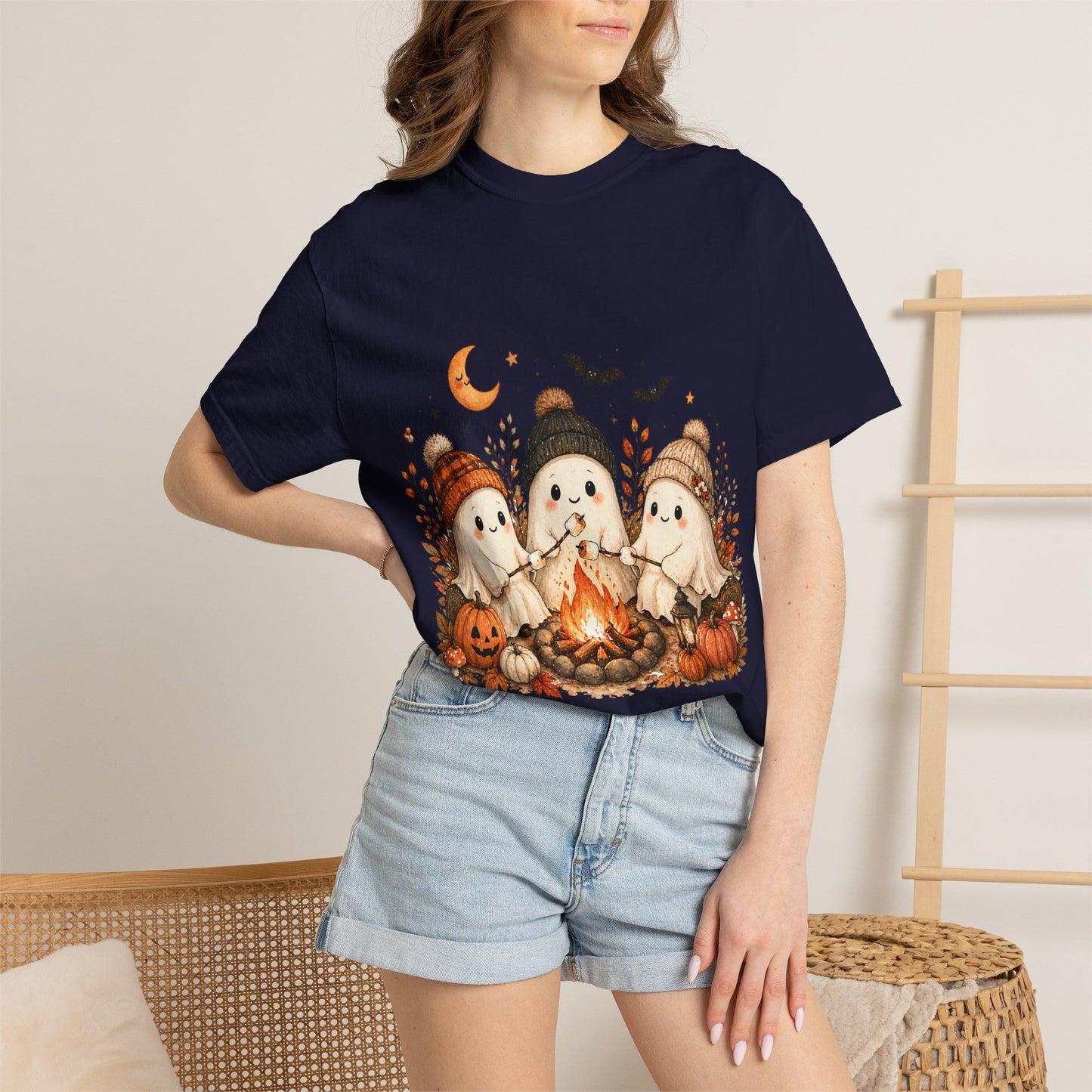 Halloween Ghost Trio Campfire T-Shirt — Cute Spooky Pumpkin Tee