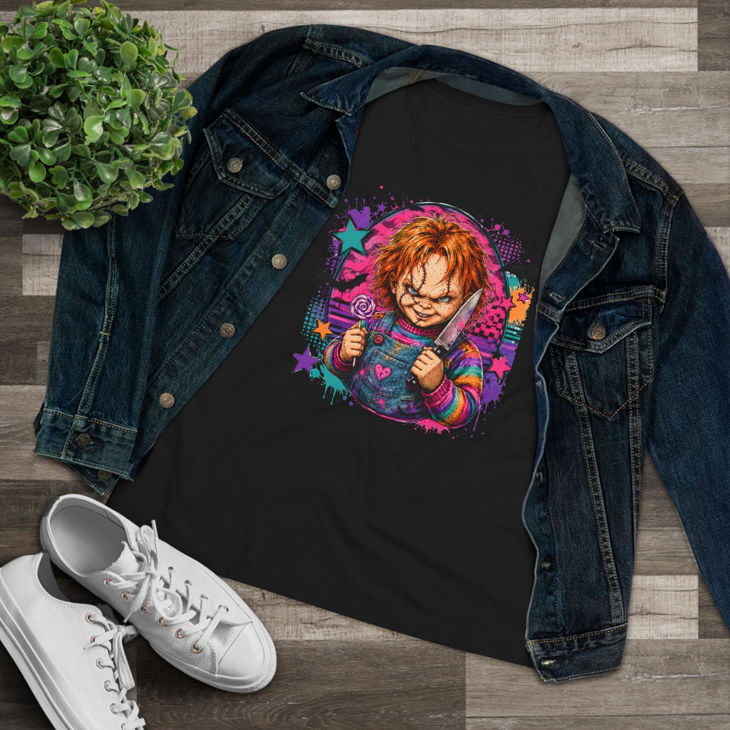 Chucky Horror Graphic Tee — Retro Neon Killer Doll Shirt for Women