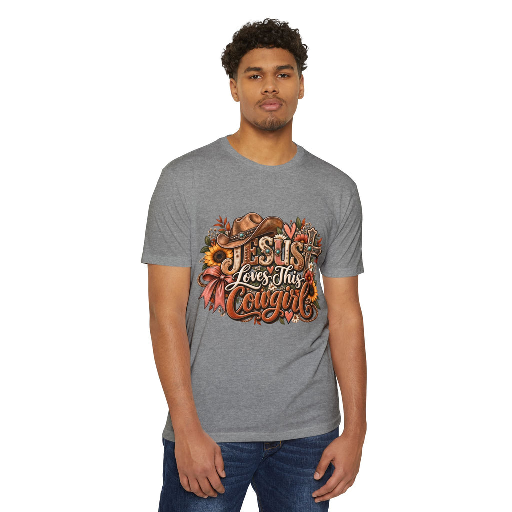 Jesus Loves This Cowgirl T-Shirt — Western Christian Graphic Tee with Sunflowers & Cowboy Hat