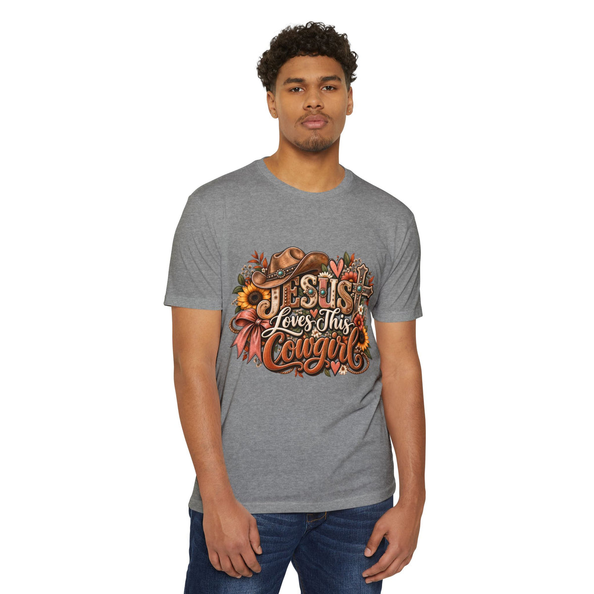 Jesus Loves This Cowgirl T-Shirt — Western Christian Graphic Tee with Sunflowers & Cowboy Hat