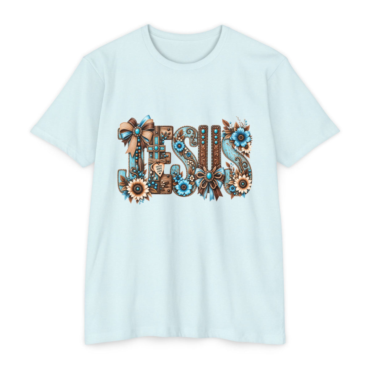 Jesus Floral Typography T-Shirt — Rustic Blue & Brown Christian Tee
