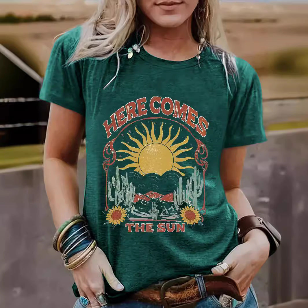 Western landscape round neck short sleeved shirt