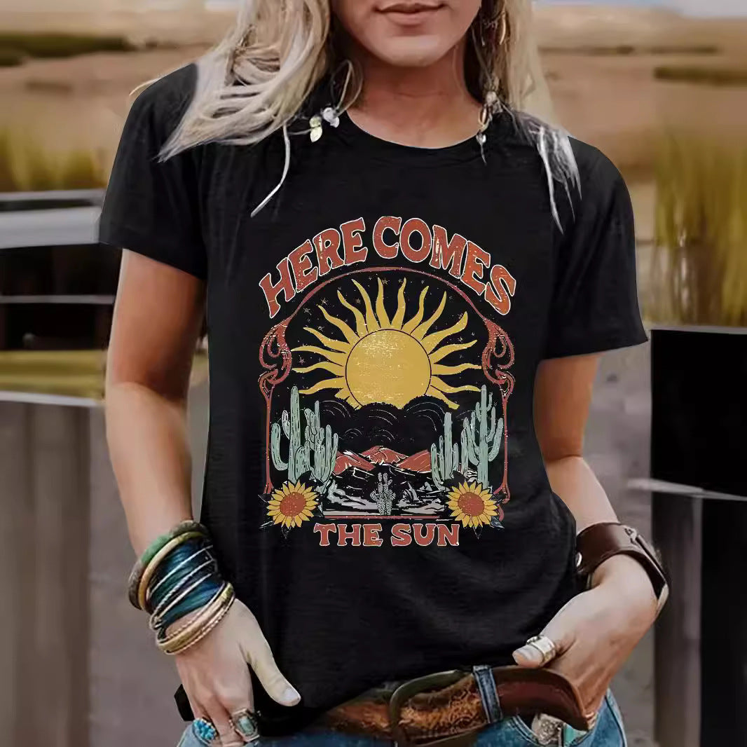 Western landscape round neck short sleeved shirt