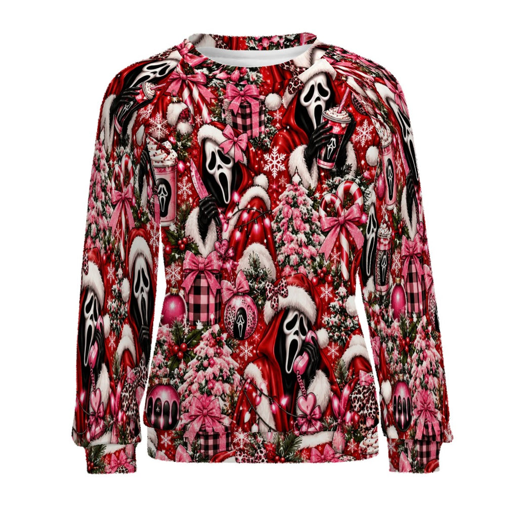 Raglan Crewneck Sweatshirts Women Festive Ghostface Christmas Pattern