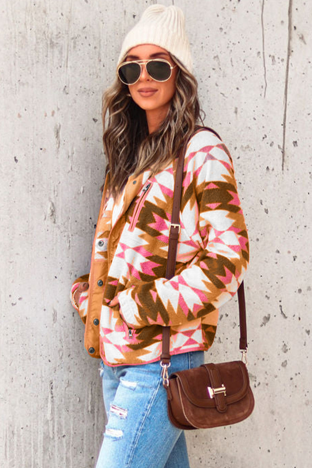 Orange Western Aztec Buttoned Zipper Pockets Fleece Jacket