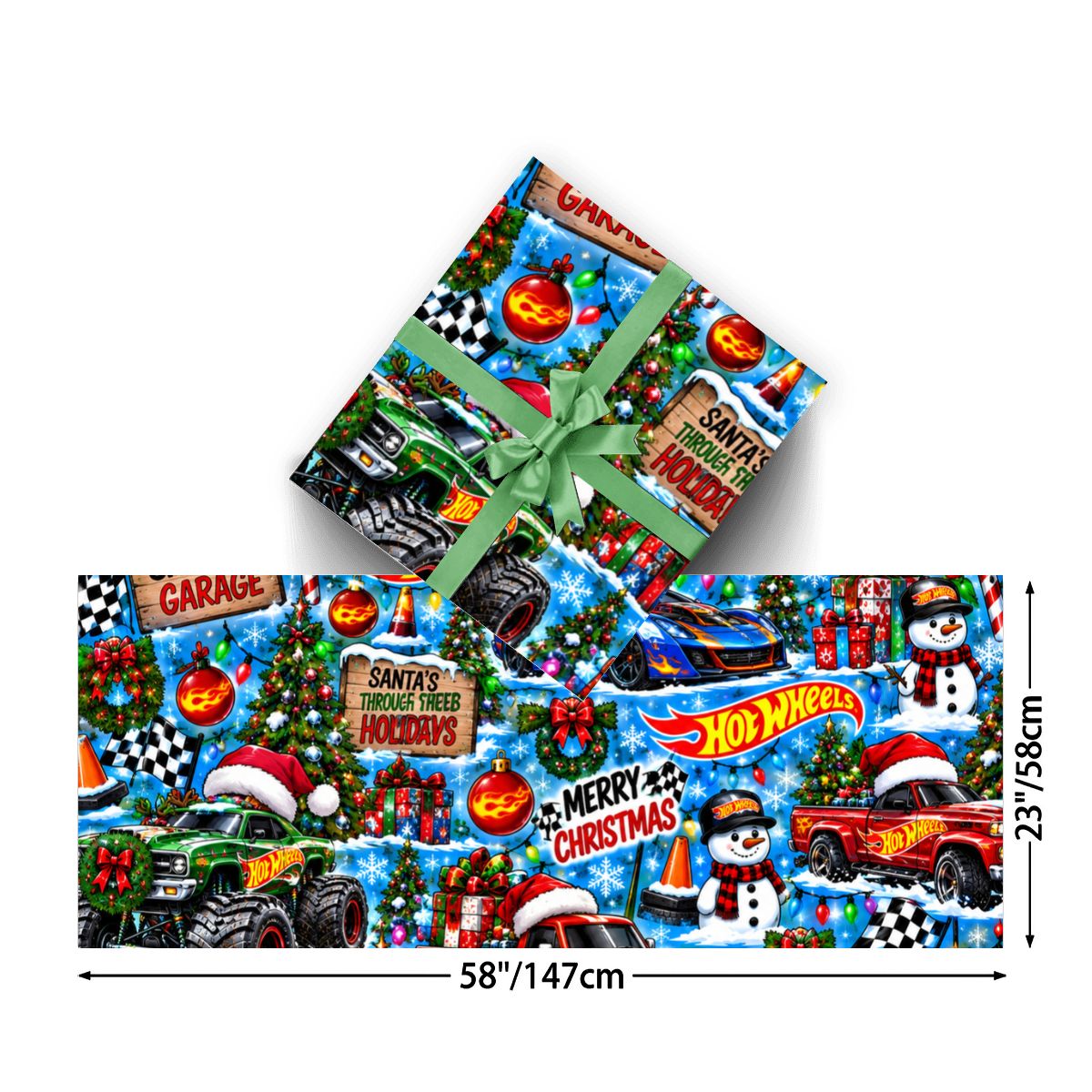 3Pack Gift Wrapping Paper Sheets hot wheels xmas