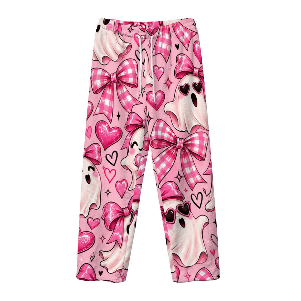 Women's Plush Fleece Pajama Pants Kawaii Ghosts, Bows and Hearts Pattern