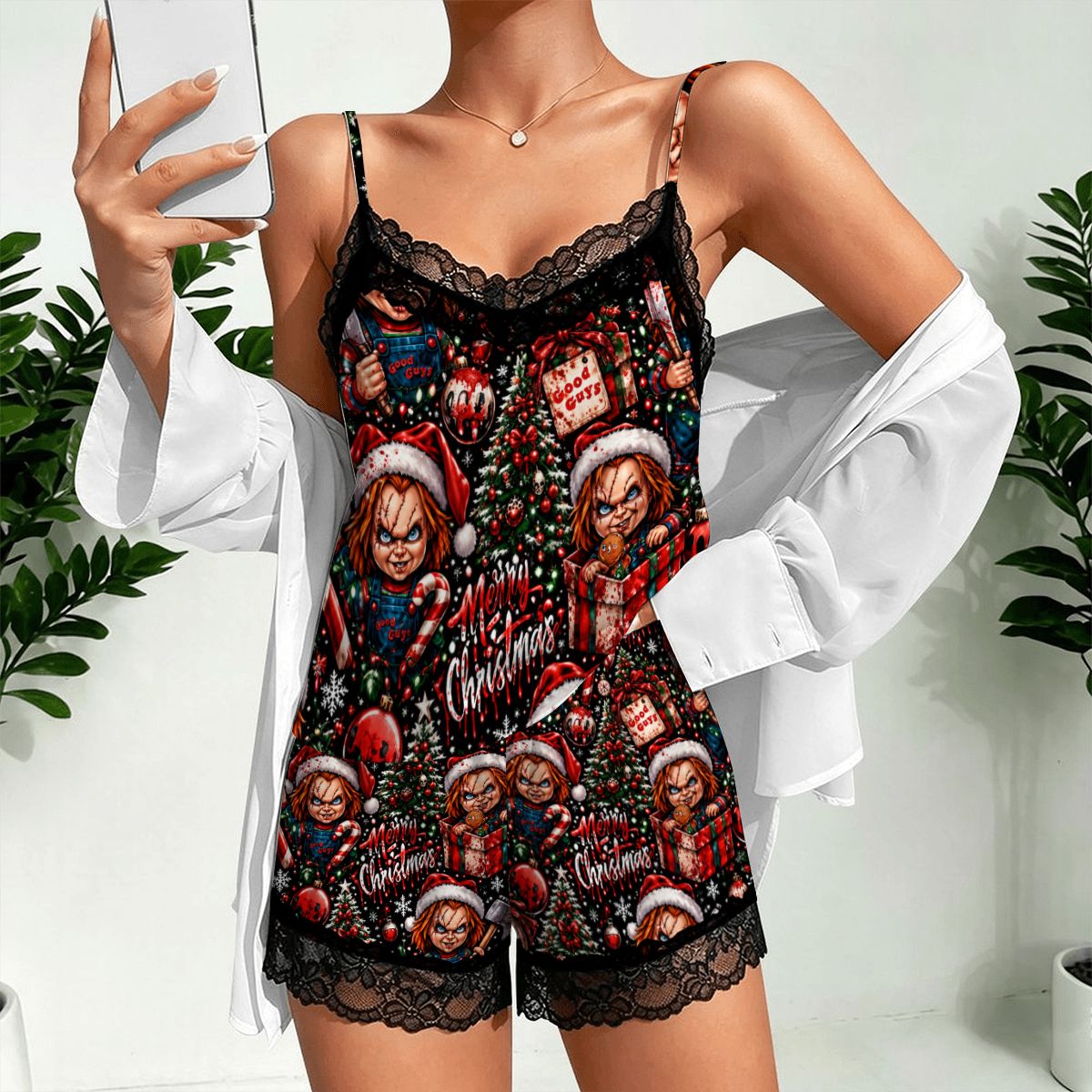 Women Cami Lace Pajama Set Chucky’s Bloody Christmas Pattern