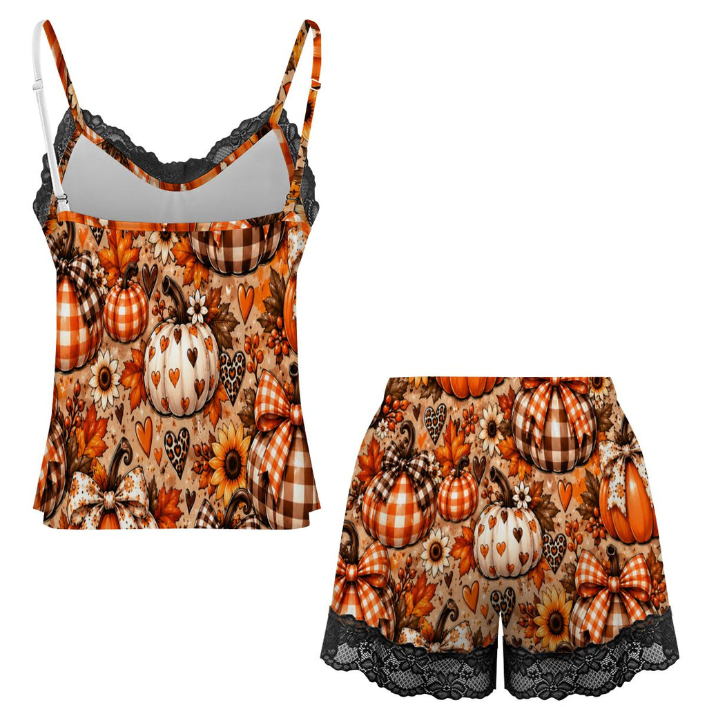 Women Cami Lace Pajama Set Glamorous Pink Christmas Wonderland Cozy Autumn Pumpkin Pattern