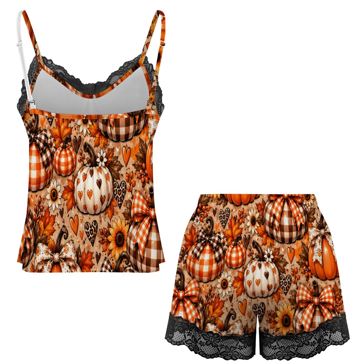 Women Cami Lace Pajama Set Glamorous Pink Christmas Wonderland Cozy Autumn Pumpkin Pattern