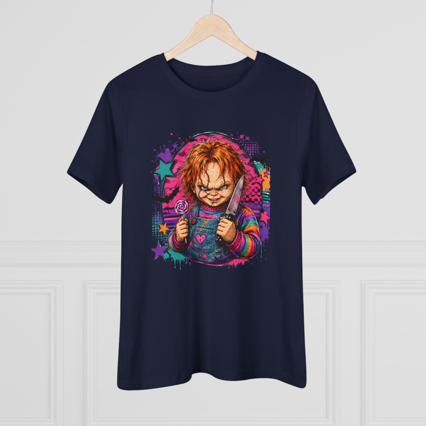 Chucky Horror Graphic Tee — Retro Neon Killer Doll Shirt for Women