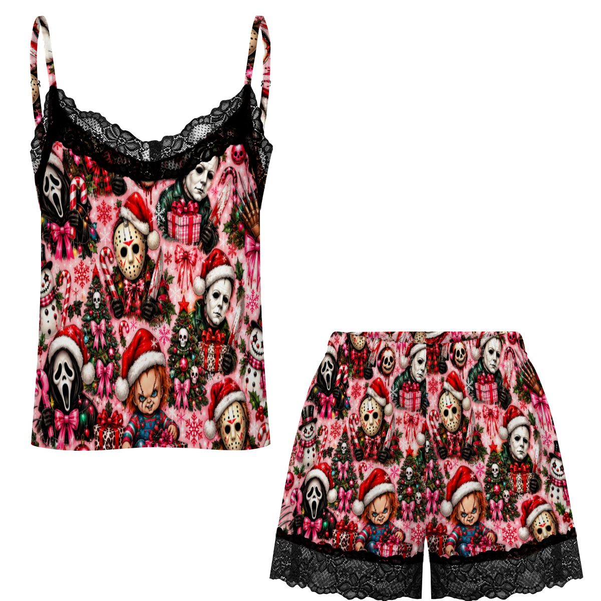 Women Cami Lace Pajama Set Festive Chibi Horror Christmas Pattern