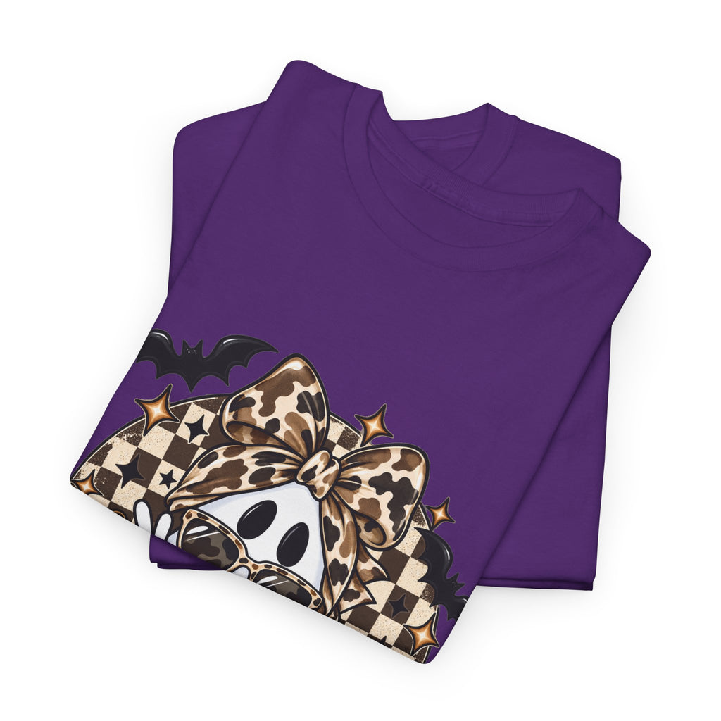 Halloween Ghost Tee — Retro Leopard & Checkerboard Spooky Graphic