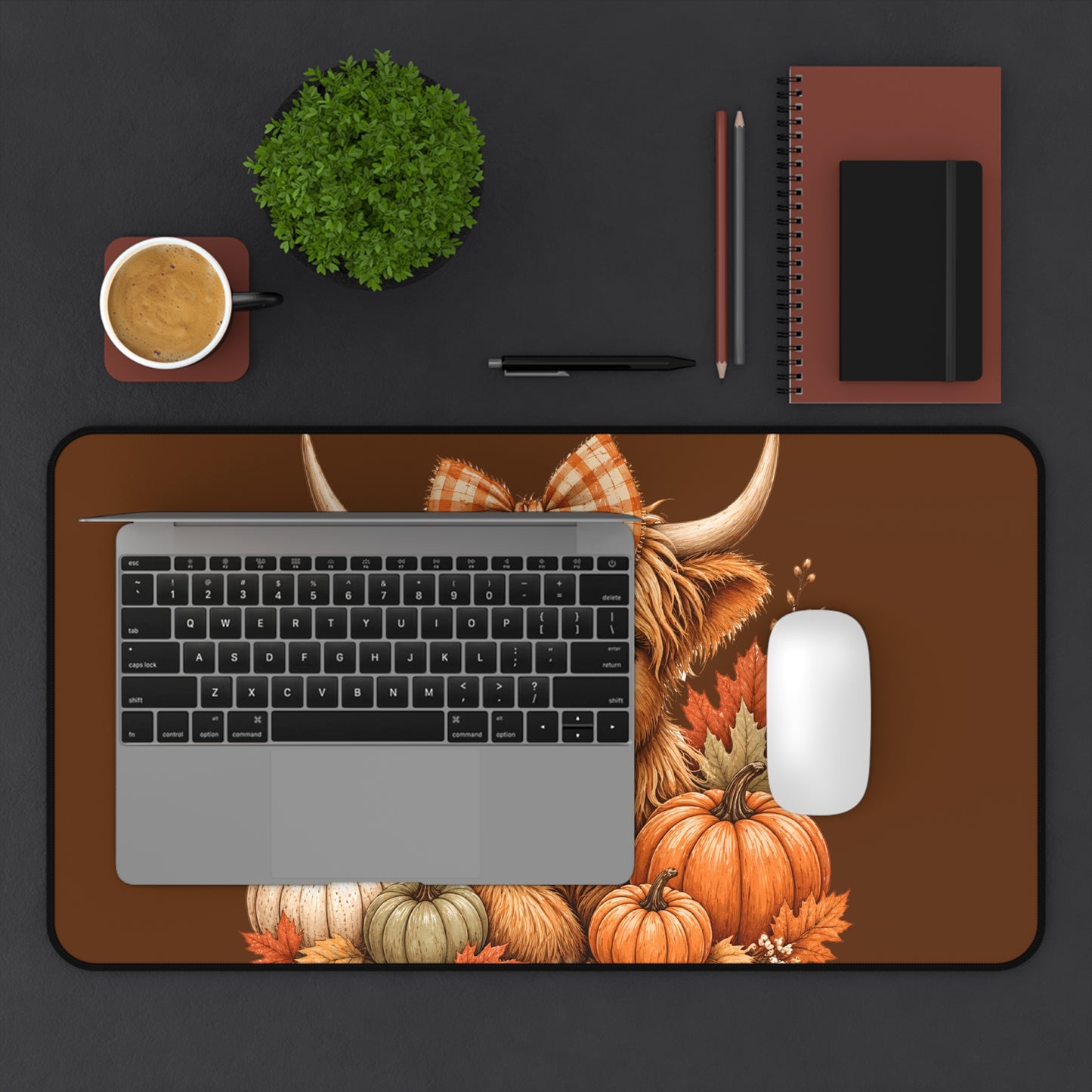 Autumn Highland Cow Desk Mat — Fall Pumpkin & Plaid Bow Mouse Pad