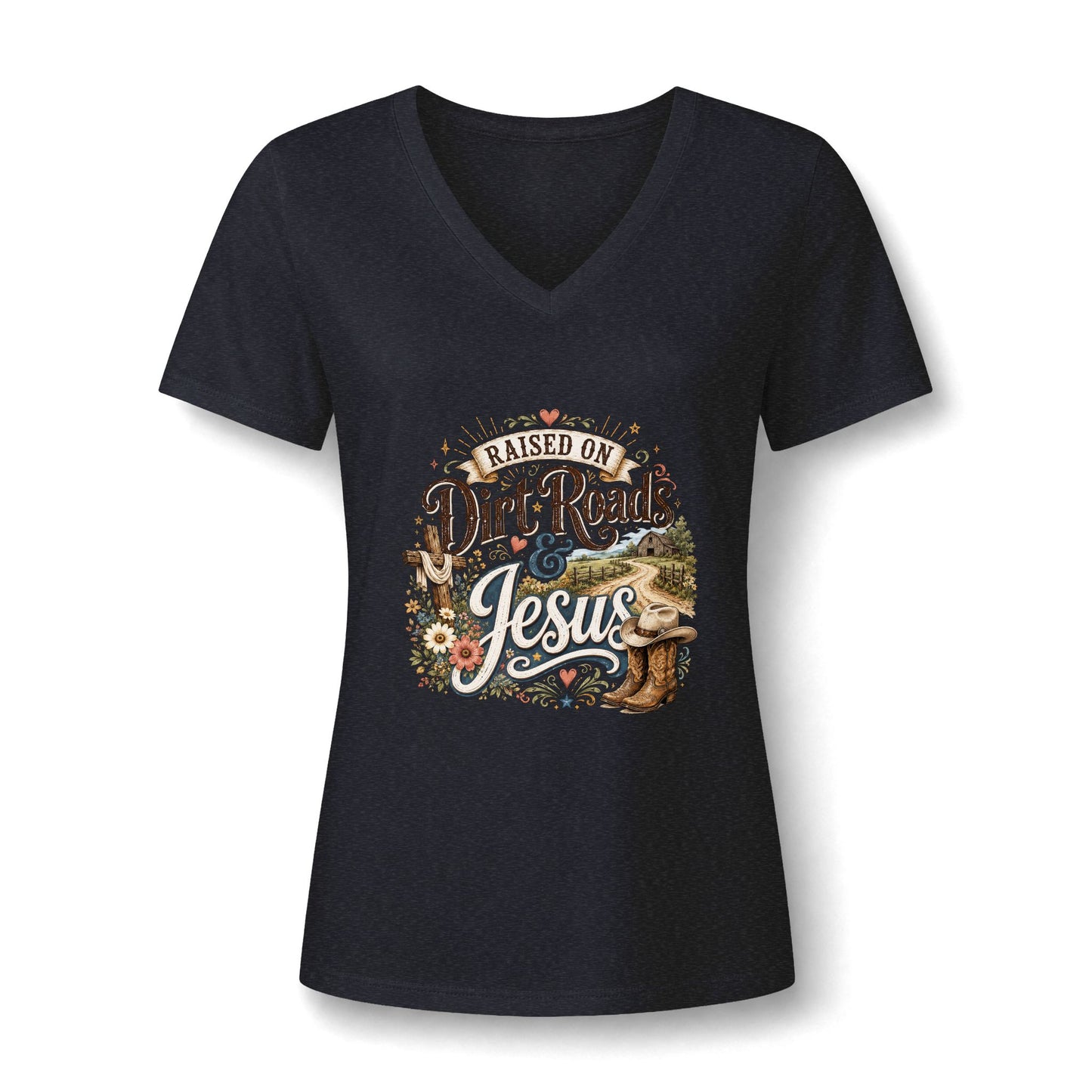 V-Neck Tee — "Raised on Dirt Roads & Jesus" Graphic Women’s Shirt