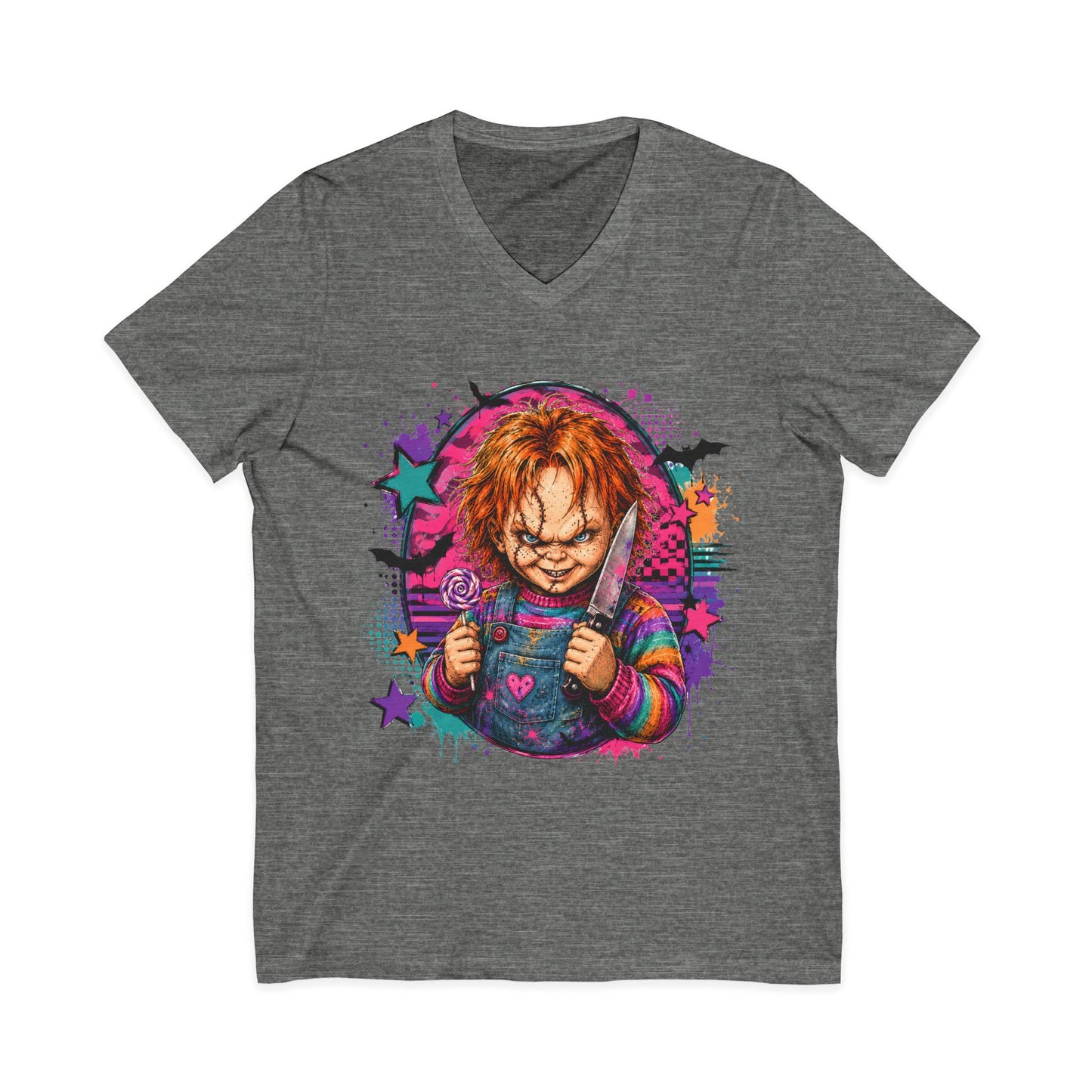 Horror Doll V-Neck Tee — Colorful Creepy Chucky Graphic Shirt
