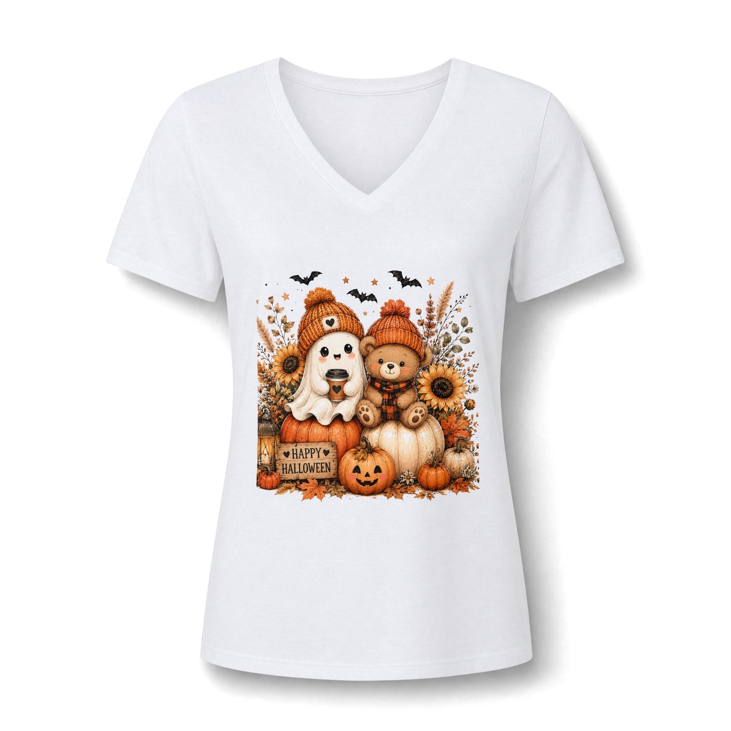 Halloween Puppy & Teddy Pumpkin V-Neck Tee