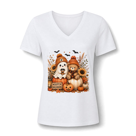 Halloween Puppy & Teddy Pumpkin V-Neck Tee