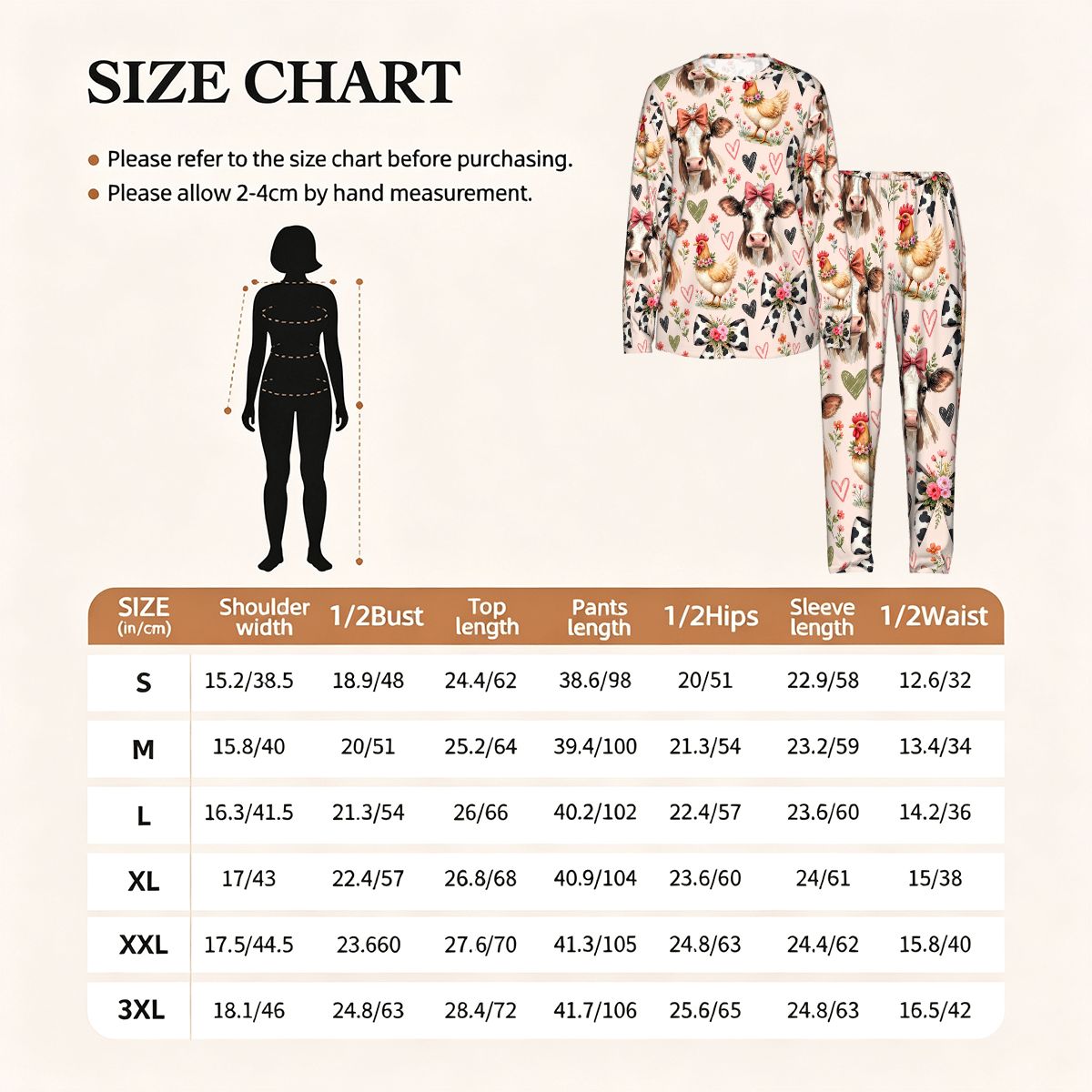 Women's Long Sleeve Pajama Set Whimsical Watercolor Farm Animal Pattern