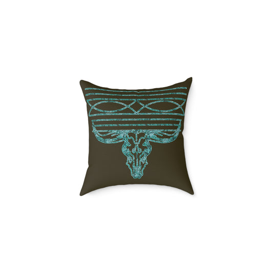Boho Bull Skull Throw Pillow — Turquoise Distressed Western Accent