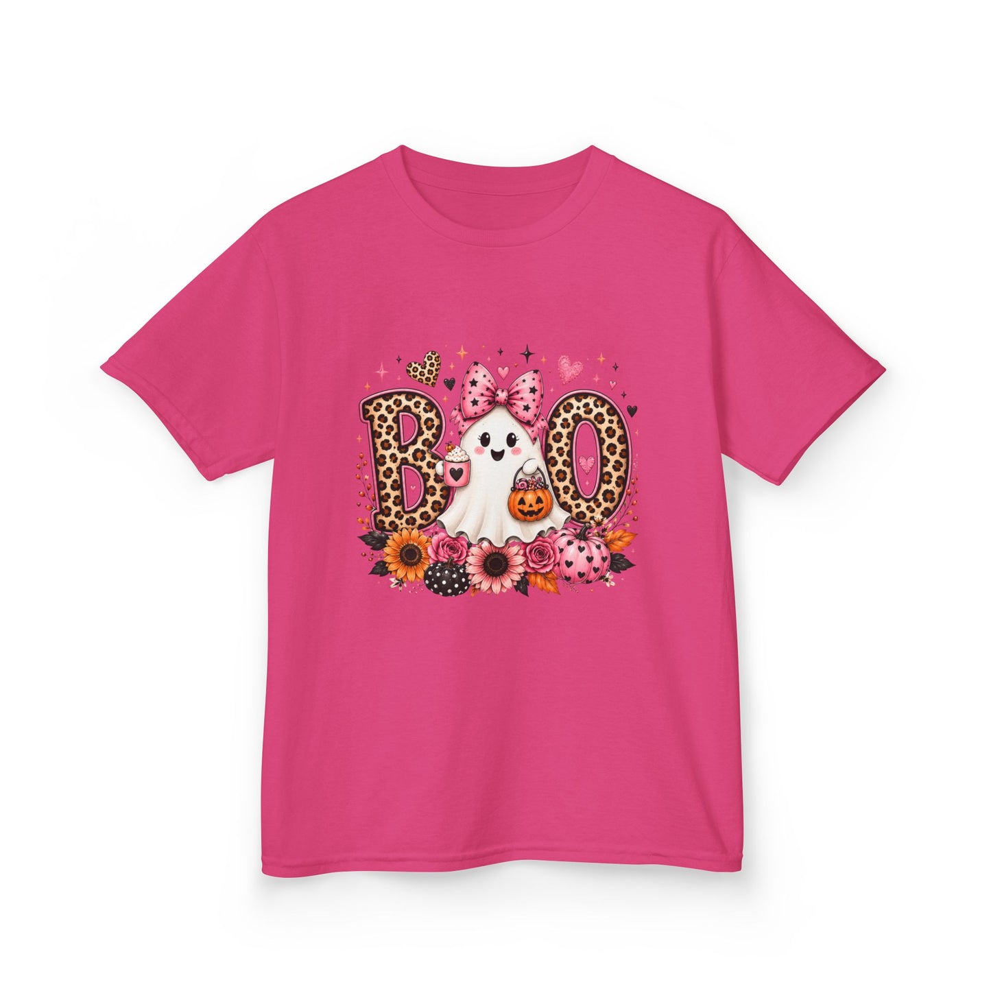 Kids' Halloween 'Boo' Ghost Tee — Cute Leopard Print & Floral Costume Shirt
