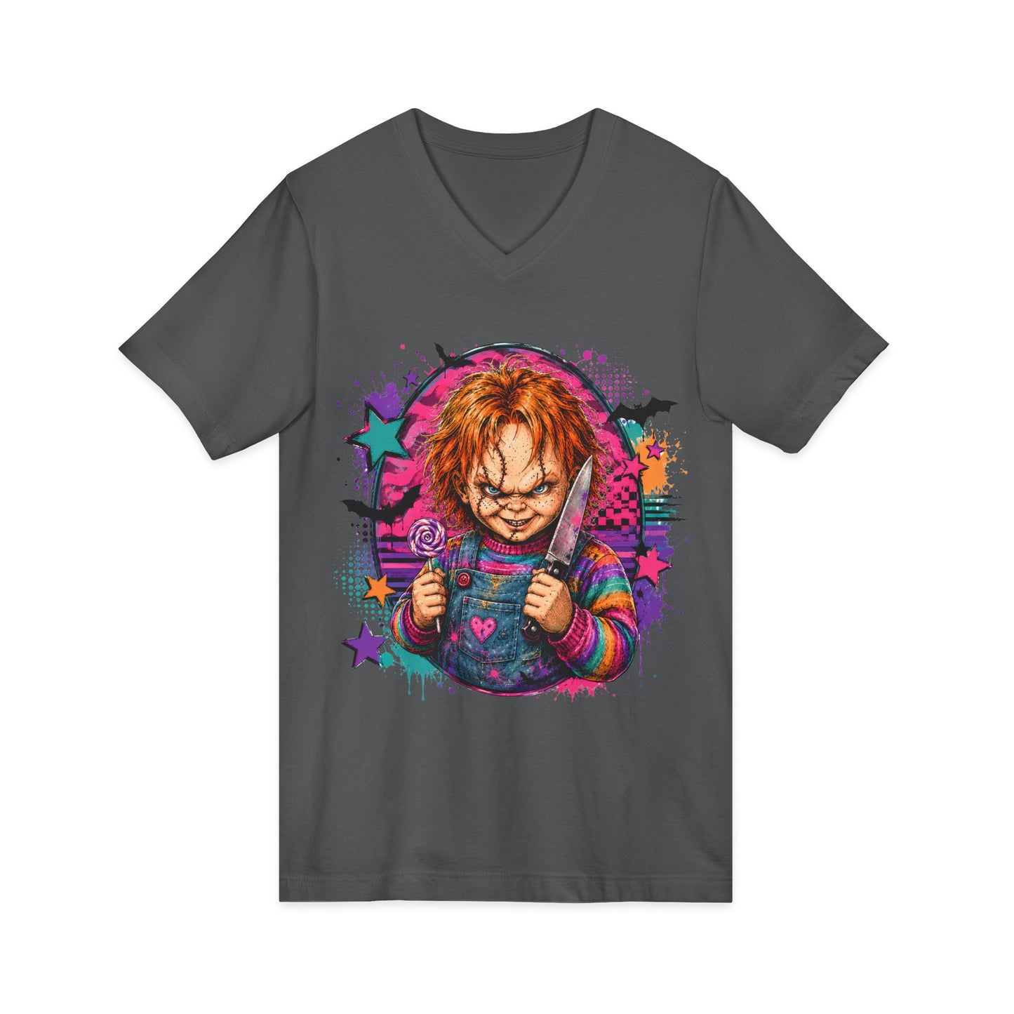 Horror Doll V-Neck Tee — Colorful Creepy Chucky Graphic Shirt