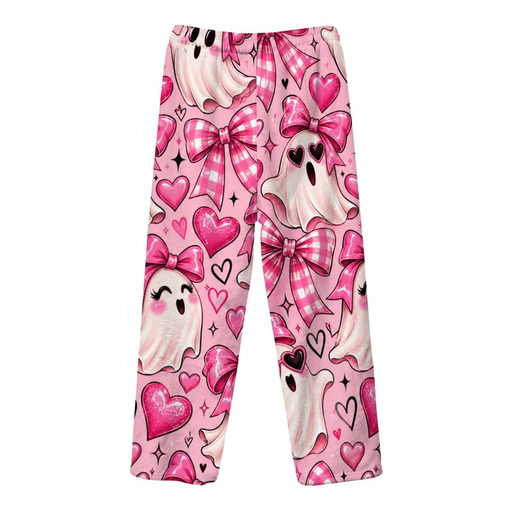 Women's Plush Fleece Pajama Pants Kawaii Ghosts, Bows and Hearts Pattern
