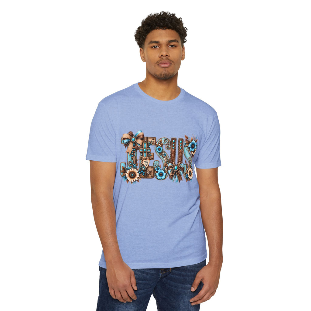 Jesus Floral Typography T-Shirt — Rustic Blue & Brown Christian Tee