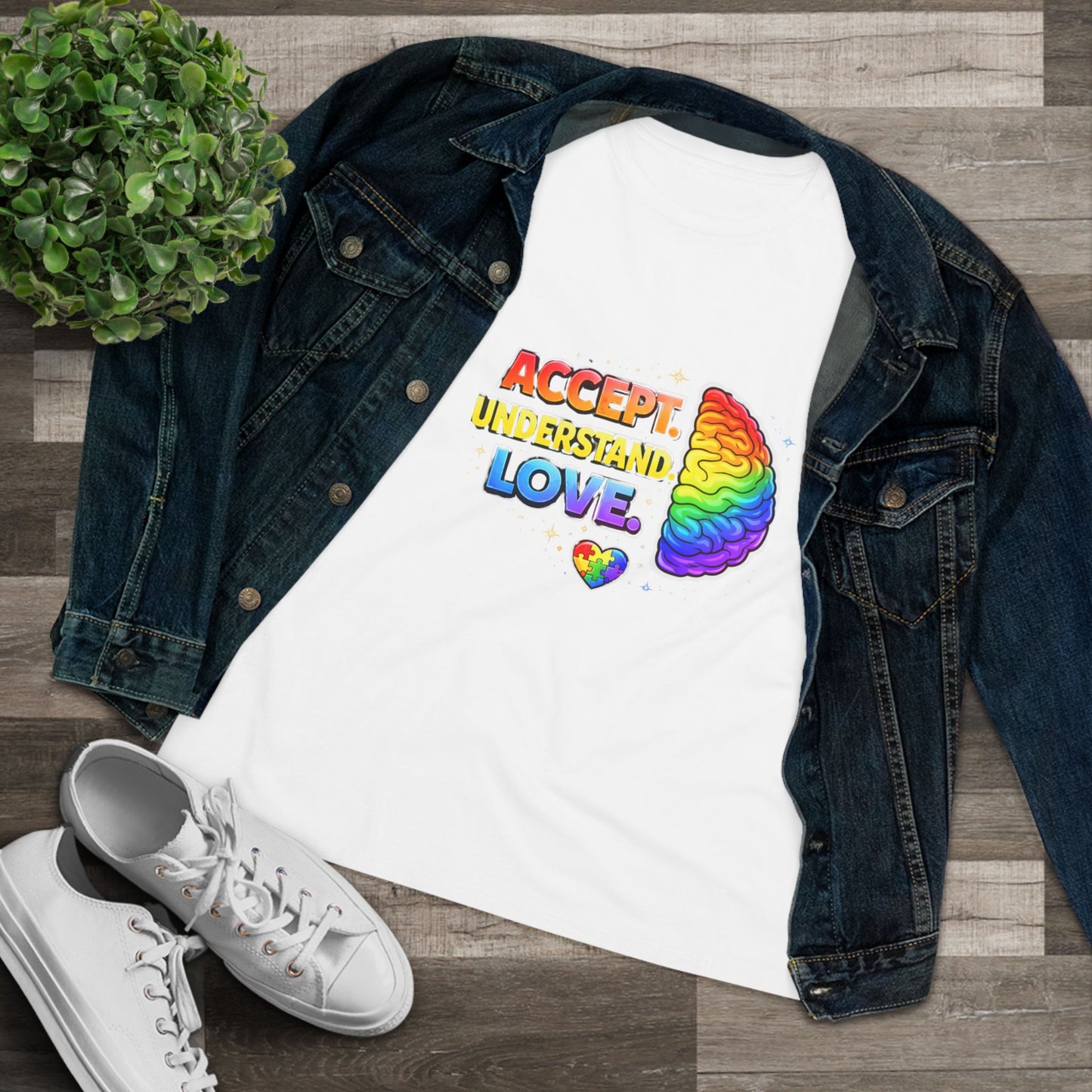 Accept Understand Love Rainbow Brain Women's Tee — LGBTQ+ Pride Mental Health Awareness Shirt