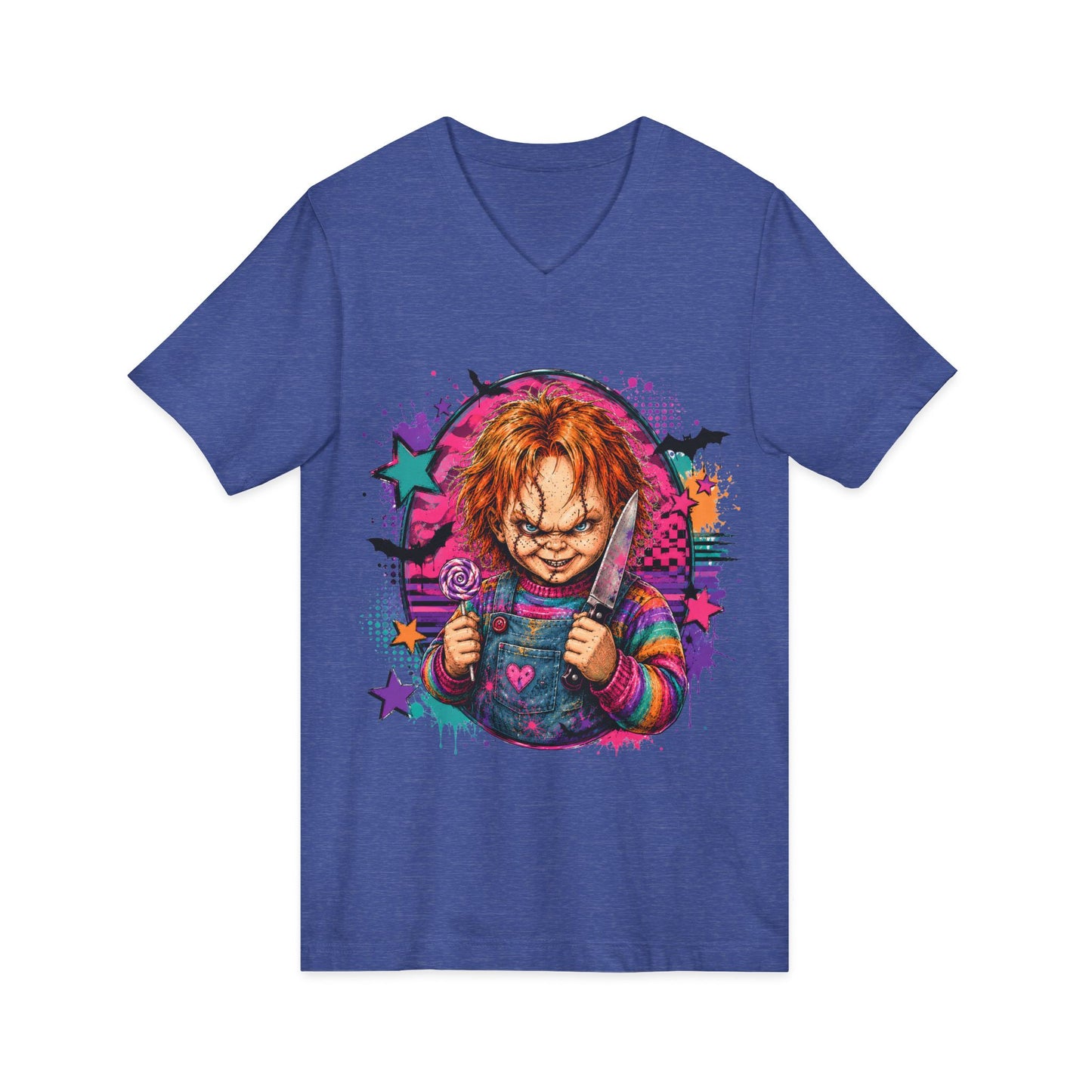 Horror Doll V-Neck Tee — Colorful Creepy Chucky Graphic Shirt