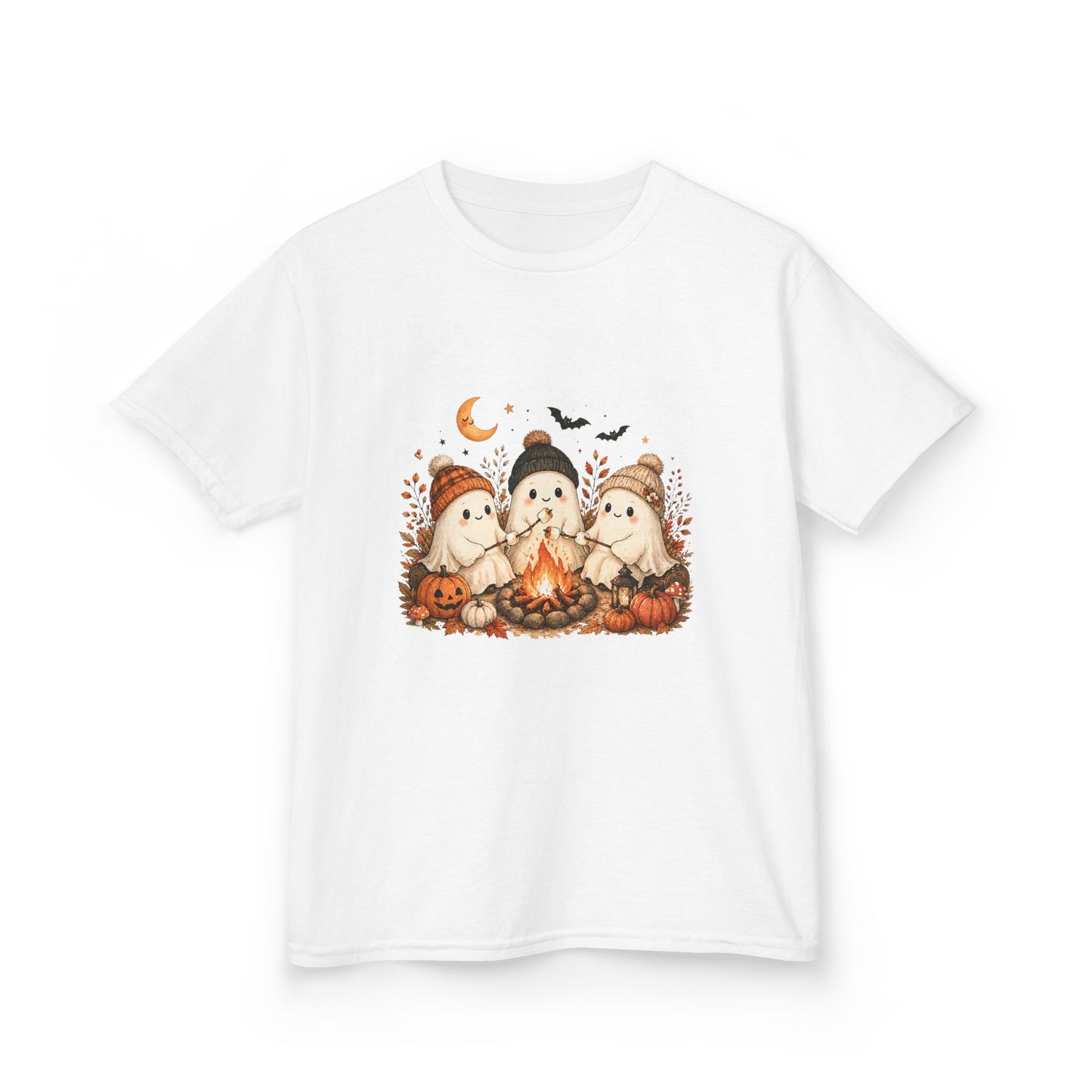 Kids Tee — Cute Halloween Ghosts Campfire Design (Pumpkins, Moon & Bats)