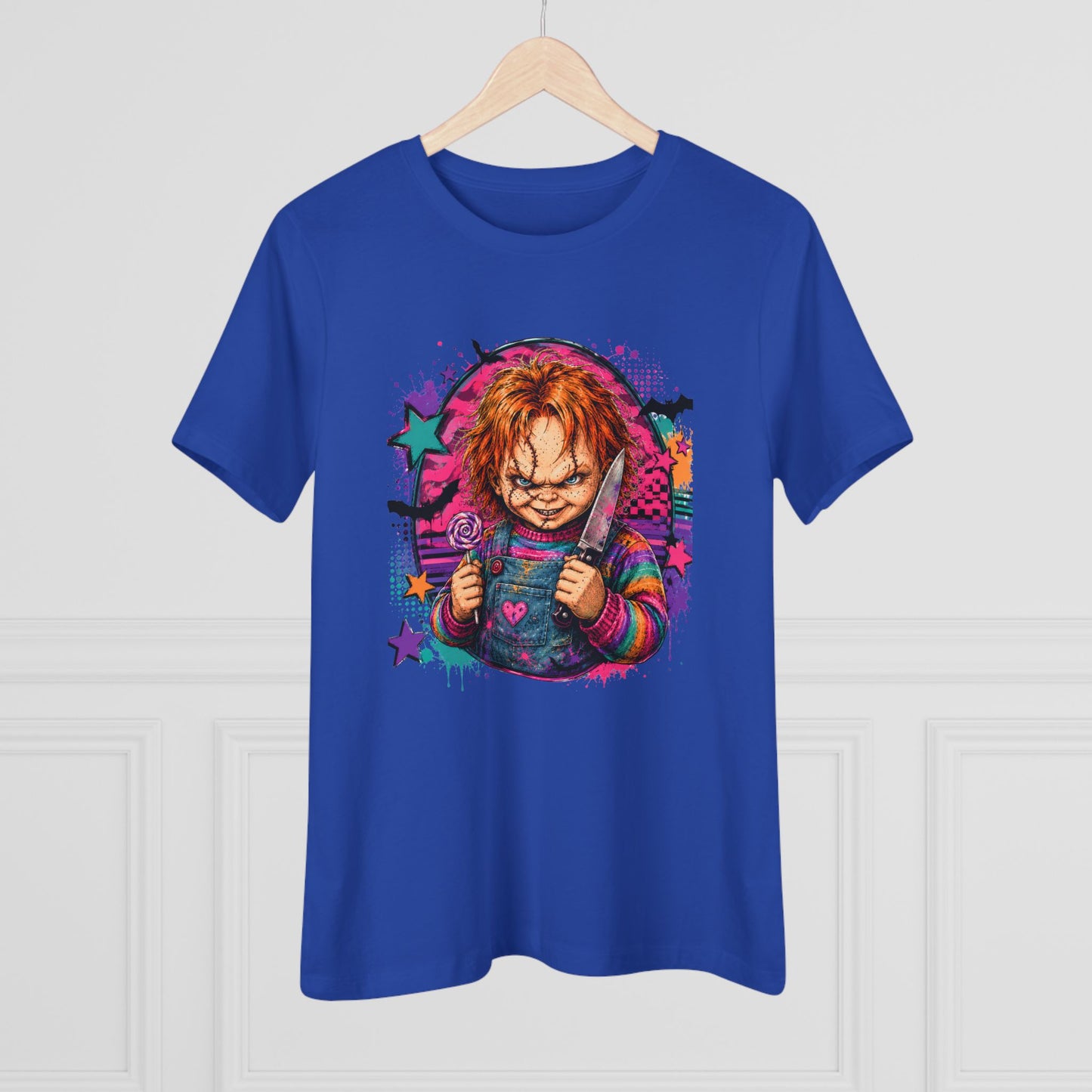 Chucky Horror Graphic Tee — Retro Neon Killer Doll Shirt for Women
