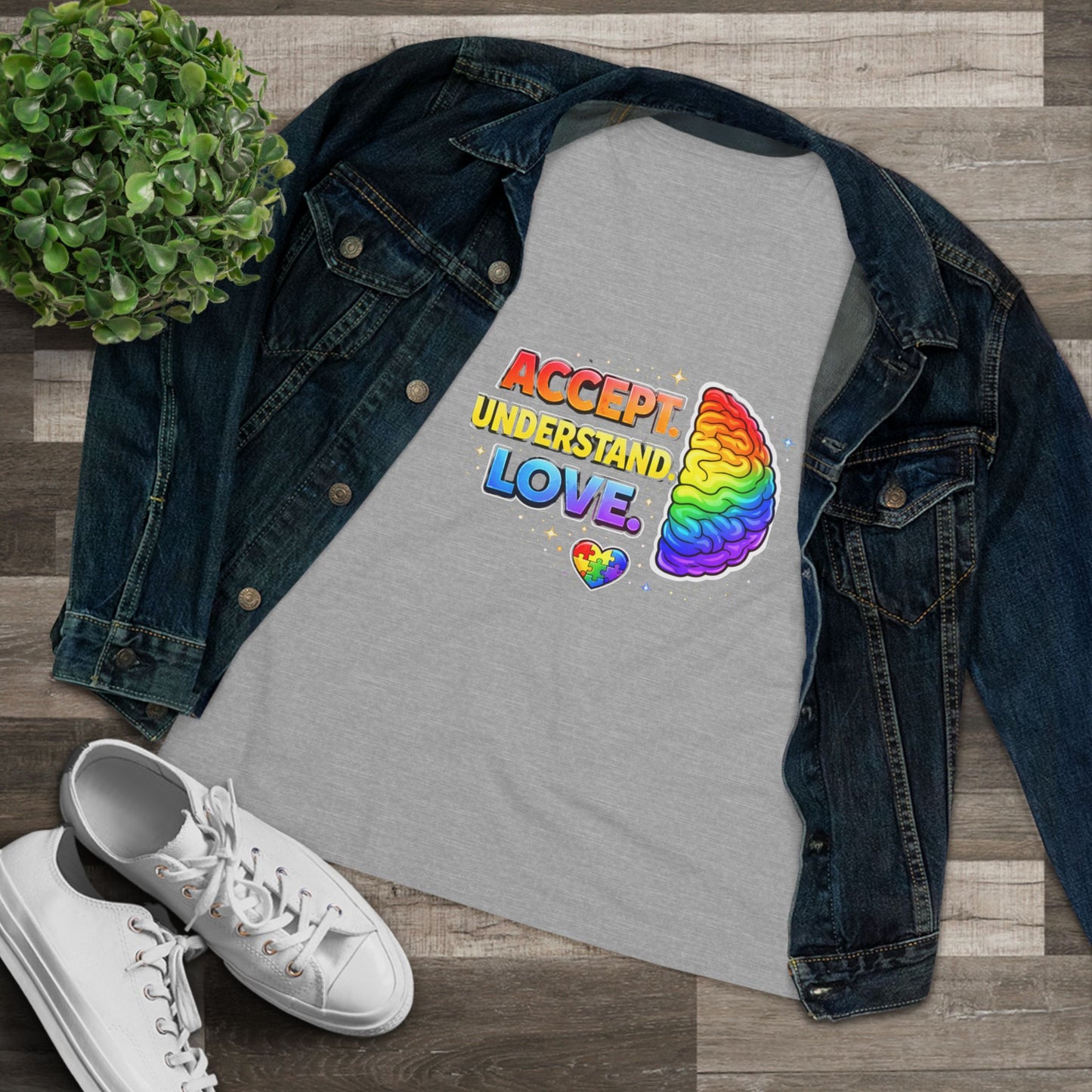 Accept Understand Love Rainbow Brain Women's Tee — LGBTQ+ Pride Mental Health Awareness Shirt