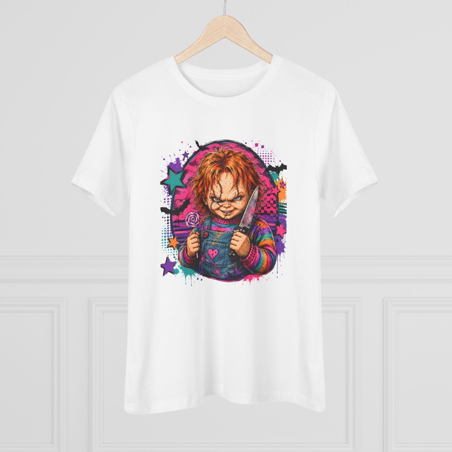 Chucky Horror Graphic Tee — Retro Neon Killer Doll Shirt for Women