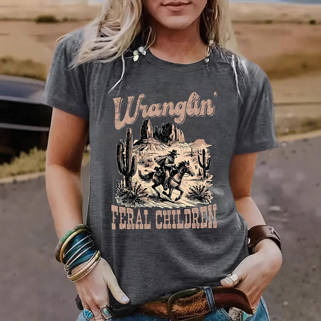 Western denim pattern round neck short sleeved shirt