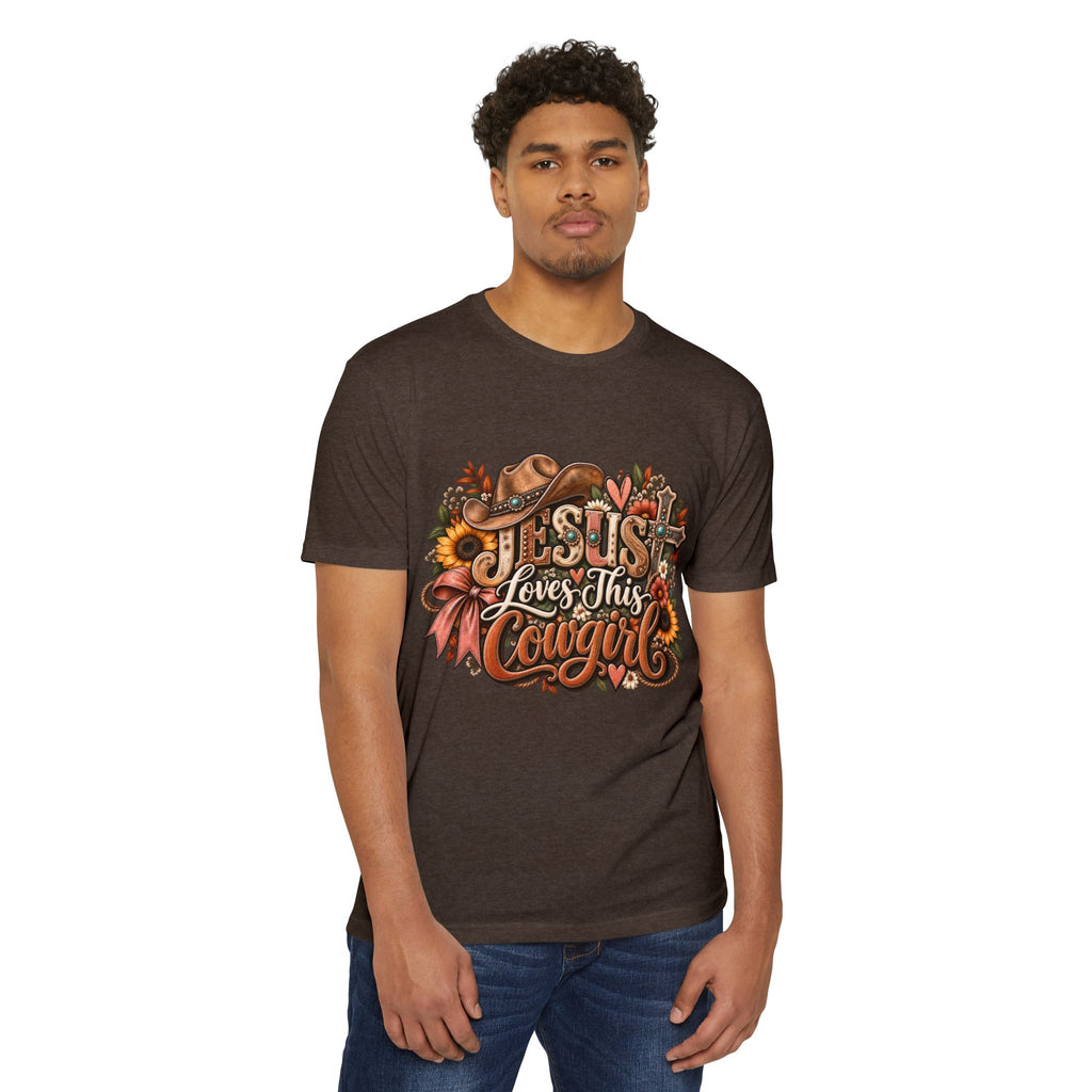 Jesus Loves This Cowgirl T-Shirt — Western Christian Graphic Tee with Sunflowers & Cowboy Hat
