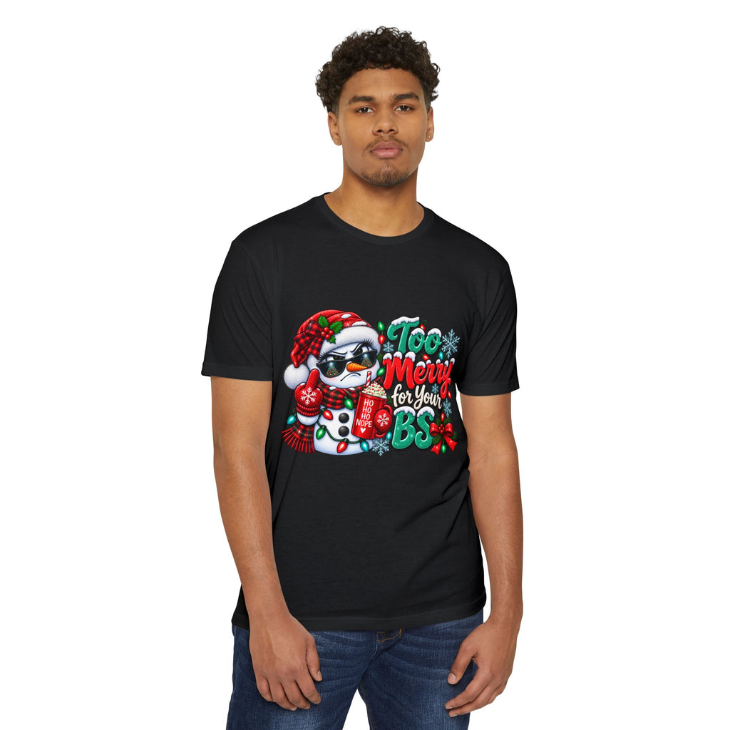Christmas Penguin T‑Shirt — "Too Merry for Your BS" Funny Holiday Tee