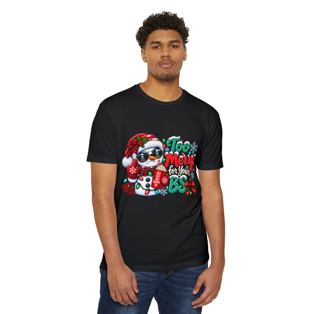 Christmas Penguin T‑Shirt — "Too Merry for Your BS" Funny Holiday Tee