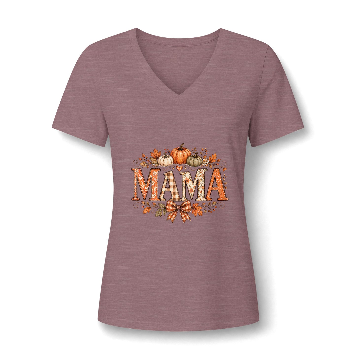 Mama Fall V-Neck Tee — Pumpkin & Autumn Leaves Graphic