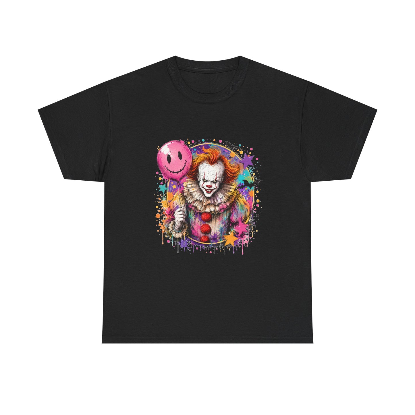 Clown Horror Graphic Tee — Colorful Scary Clown with Pink Balloon
