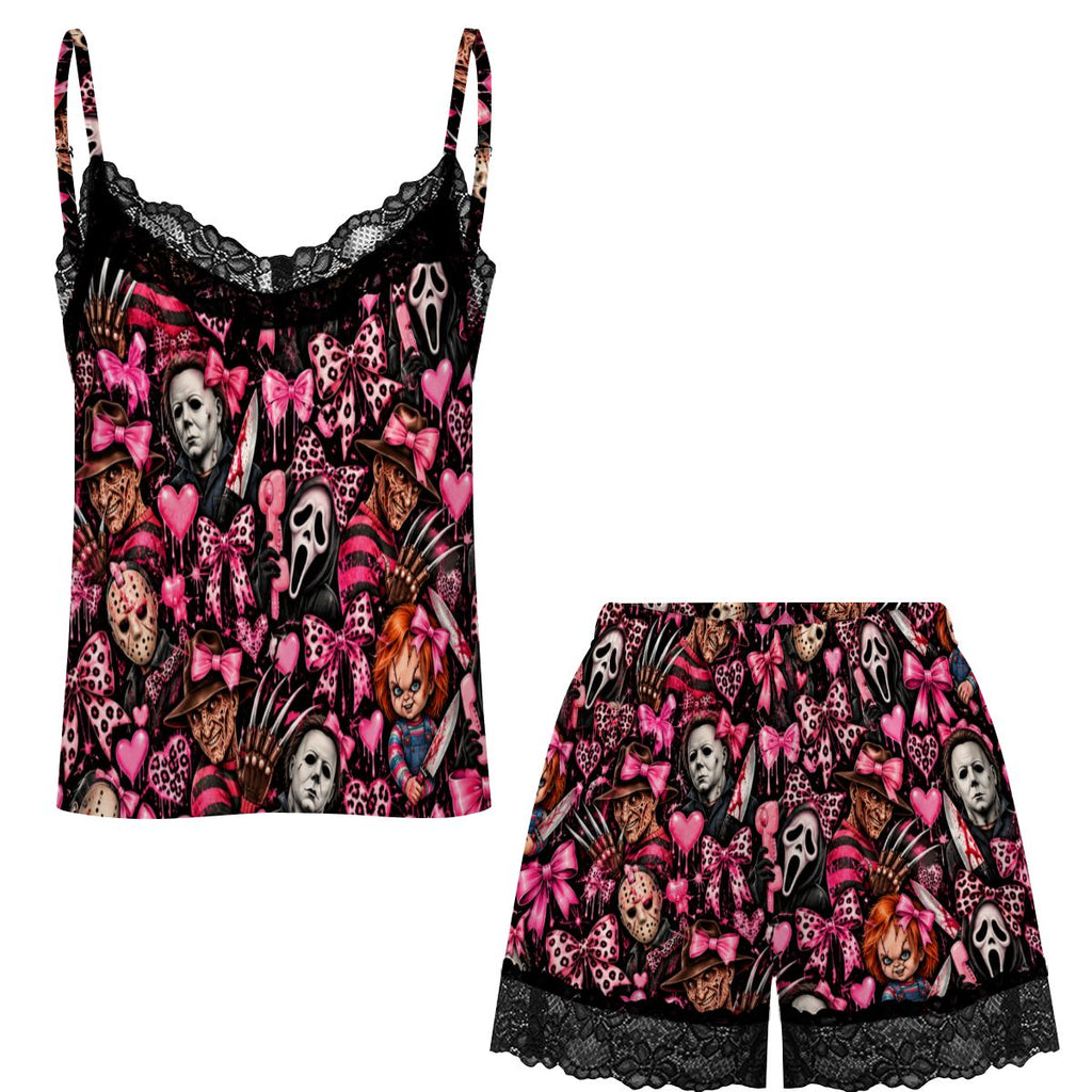 Women Cami Lace Pajama Set Cute Goth Horror Bow Pattern