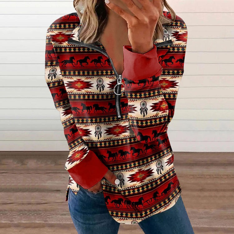 Loose Western Style 3D Round Neck Pullover Long Sleeve T Shirt For Women In Europe and America
