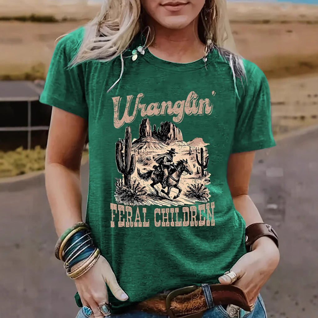 Western denim pattern round neck short sleeved shirt